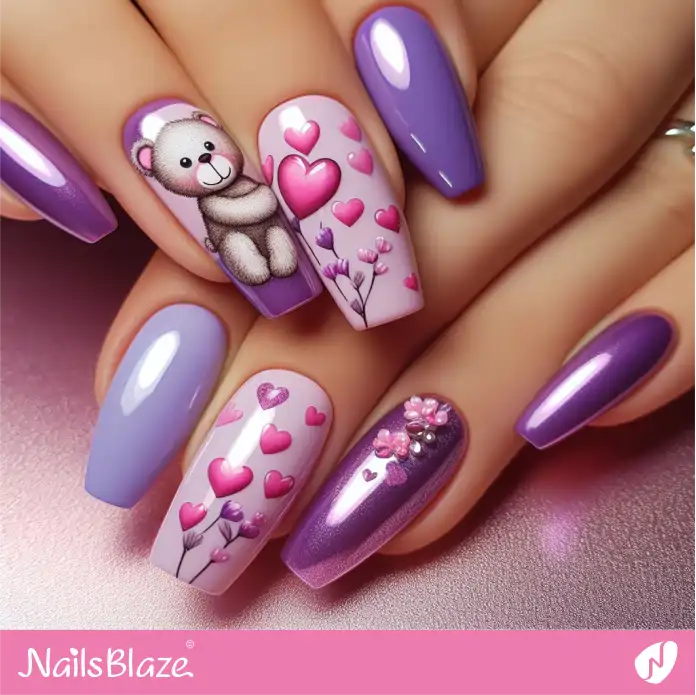 Teddy Bear Purple Nails for Love Day | Valentine Nails - NB2412